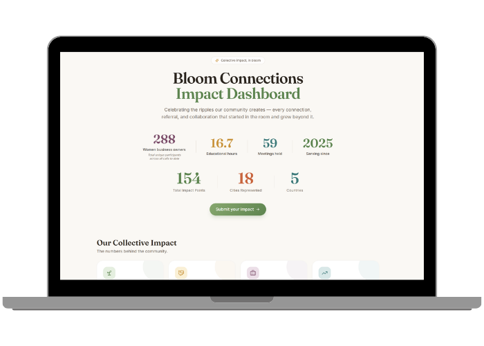 Screenshot of the Bloom Connections Impact Dashboard showing community statistics