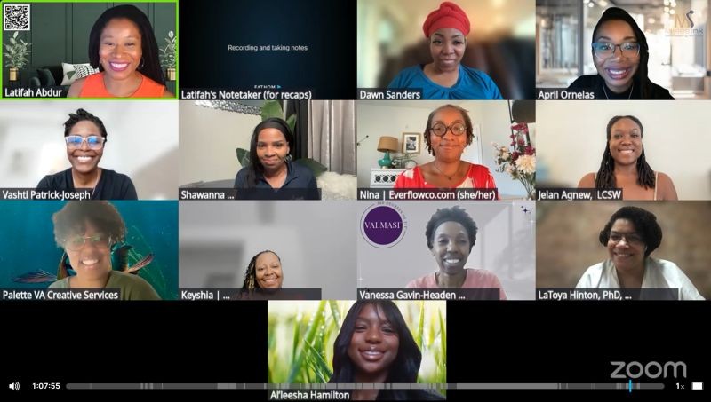 Video call screen showing a group of black business women meeting for virtual networking
