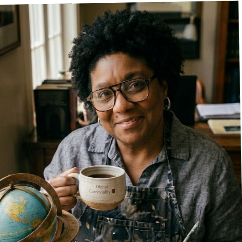 Yolanda Brown smiling in glasses, seated in a home office with bookshelves