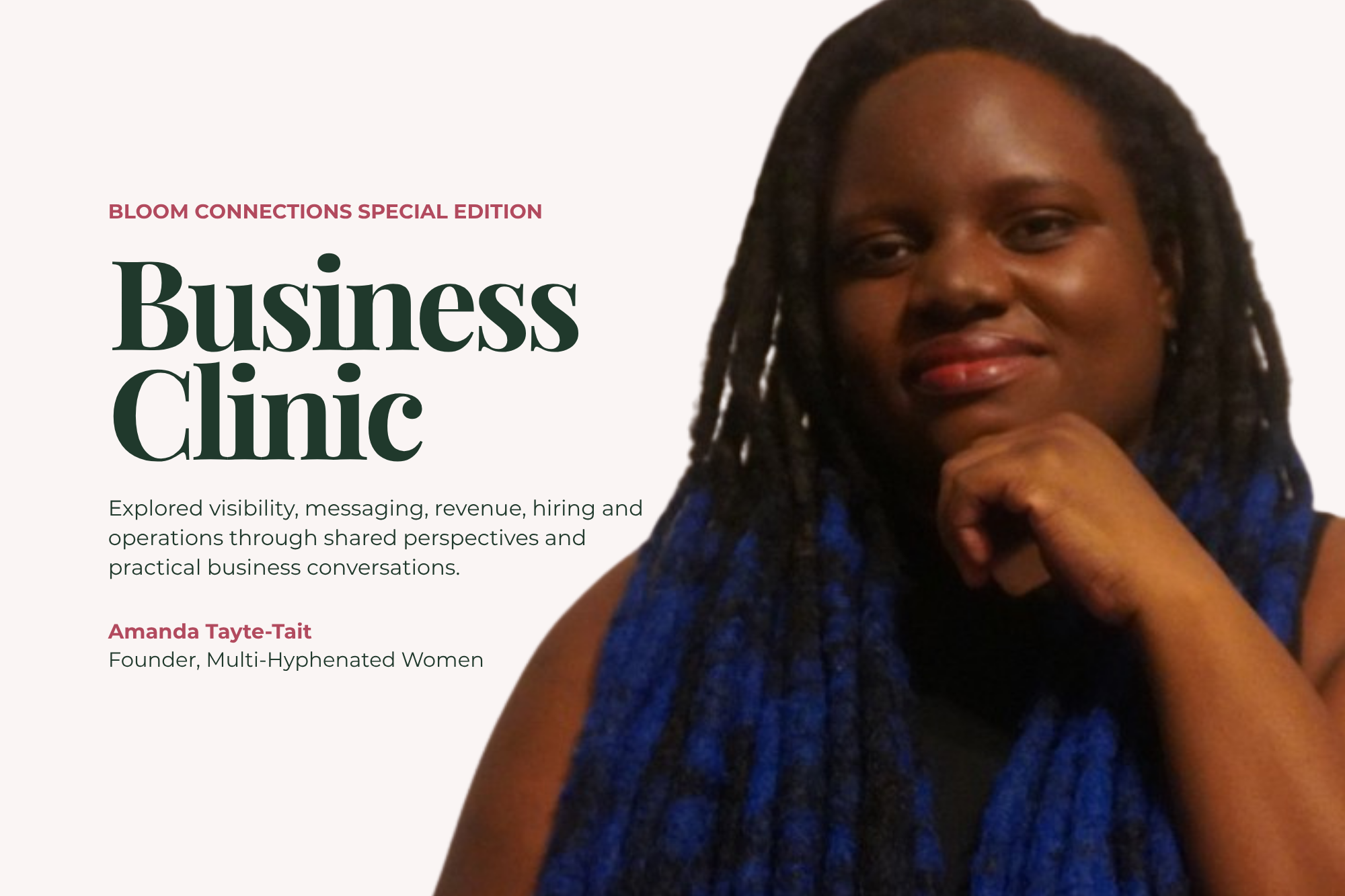 Bloom Connections Business Clinic special edition graphic featuring Amanda Tayte-Tait